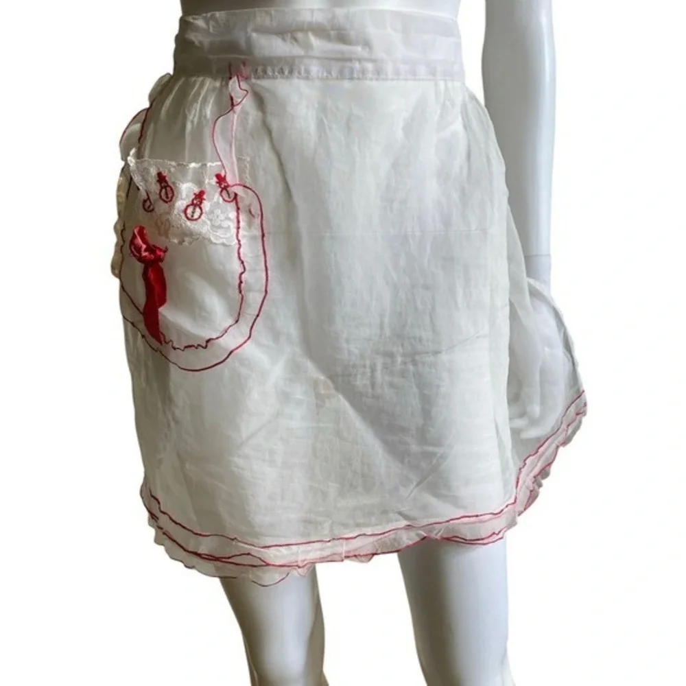 Vintage Red &‎ White Sheer 1950s Hostess Apron Embroidered Christmas Holiday